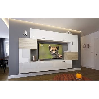 Home Direct Orlean N6 Modernes Wohnzimmer Wohnwande Wohnschranke Schrankwand Mobel An6 17ws Hgm31 1a Front Weiss Hochglanz Sonoma Eiche Matt Korpus Weiss Matt Sonoma Eiche Matt Led Blau Amazon De Kuche Haushalt