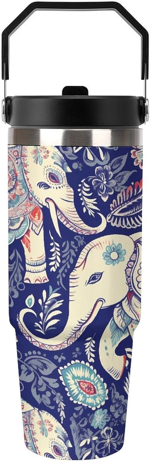 Boho Elephant Water Bottle 30 Oz Fits Car Cup Holder,Insulated Coffee Mug Large Capacity Car Cups,Stainless Steel Double Wall Sport Bottle for Travel Sports Gym
