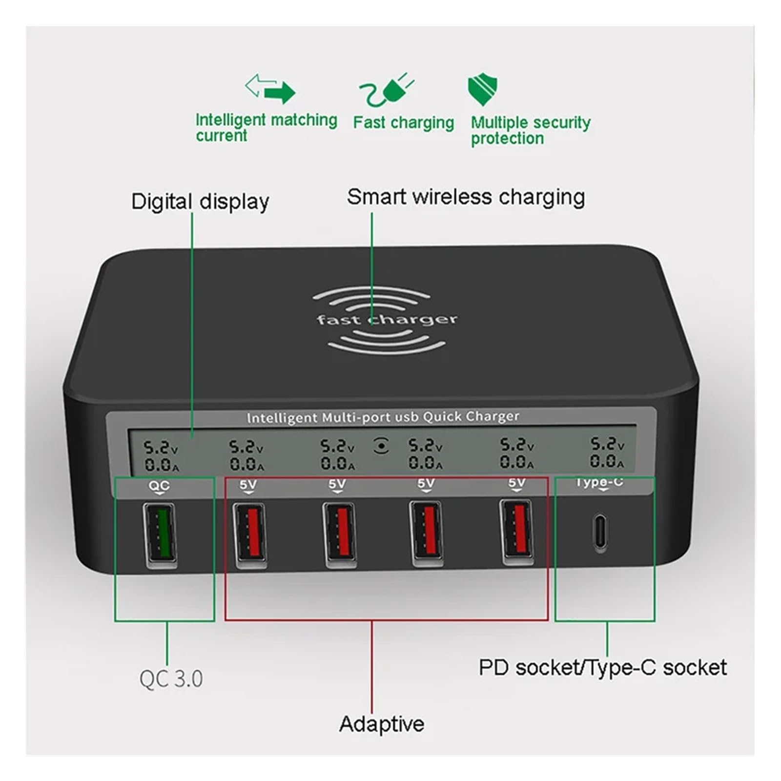 40W 6-portowa Ładowarka USB C Bezprzewodowa QC3.0 Szybka PD Stacja Szybkiego Ładowania MożLiwość Szybkiego łAdowania(Black Color)