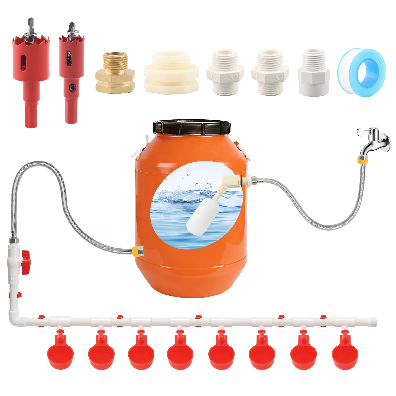 Sistema automático de riego de pollos de 58 piezas con 8 tazas de agua y 2 mangueras de jardín, tubo de PVC de 1/2 pulgada, válvula flotante y kit de conector de manguera para gallineros, gansos