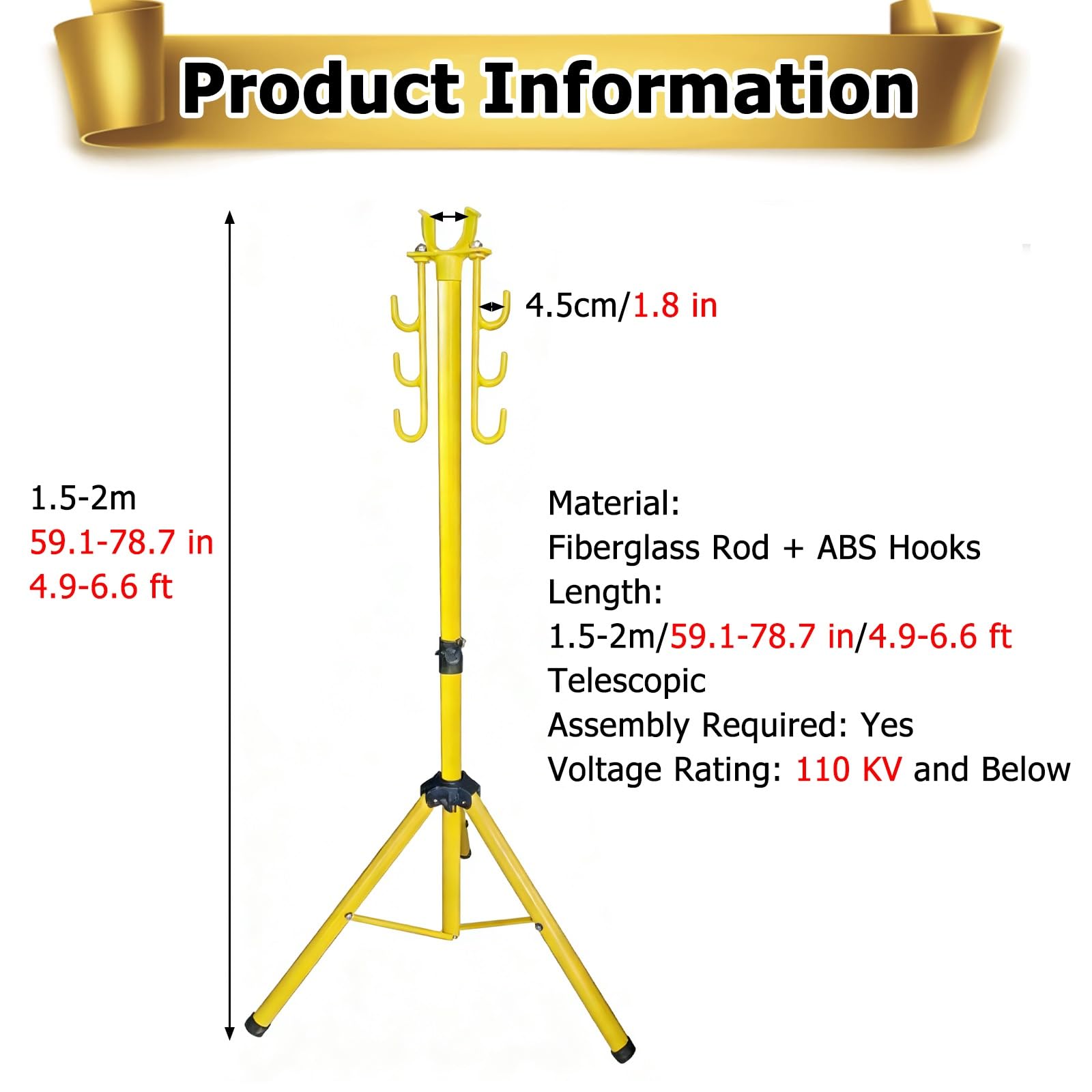 Telescopista Soporte De Cable Aislado, 110kV Soporte Eléctrico Cable | Soporte Para Cable Aislado De Fibra Vidrio 2 3,0m, Base Trípode, Ganchos, Pegatinas Reflectantes(Tallest 6 3/5 ft(200cm))