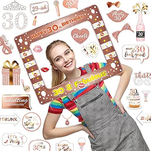 30th Brithday Decorations, Birthday Party Photo Props with Selfie Props Inflatable Photo Frame for Girls Boys 30th Birthday Party Supplies Theme Party Kit,Rose Gold Cover