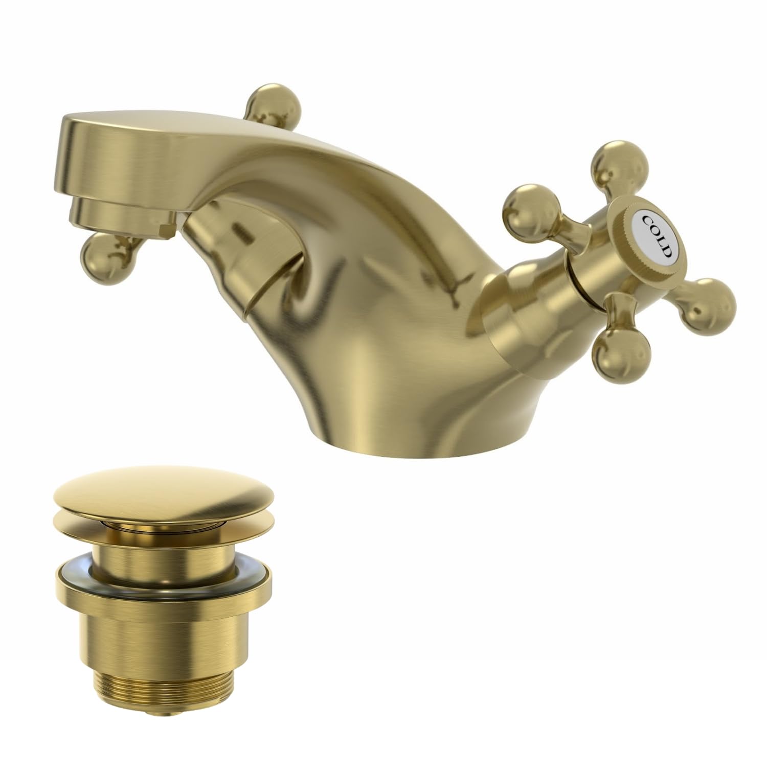Park Lane Brushed Brass Park Lane® Oxford Bathroom Cloakroom Basin Sink Mixer Tap And Waste Set Traditional Mono Round Twin Crosshead Handle Faucet For Sinks,