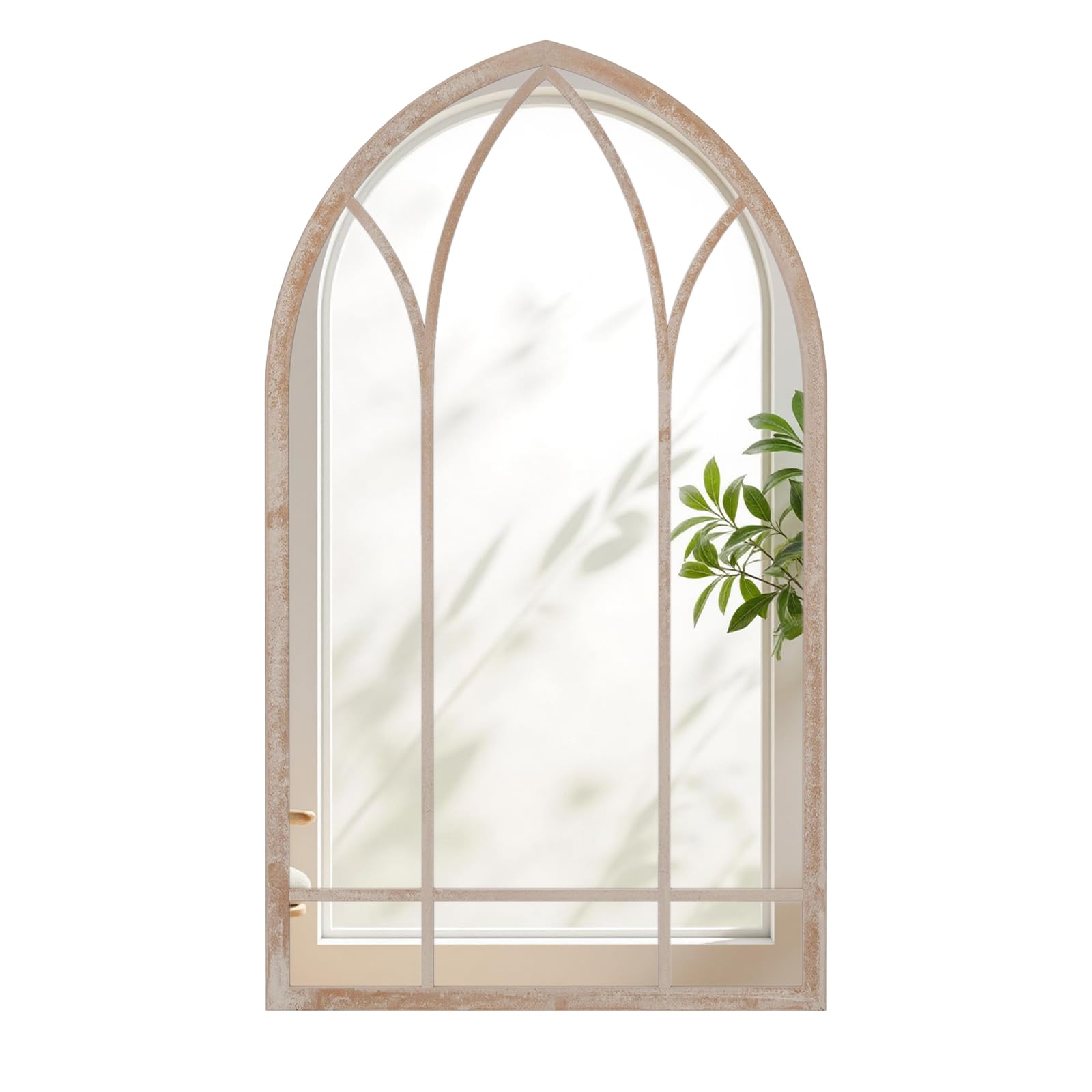 COSTWAY Arched Window Wall Mirror, Farmhouse Hanging Accent Decorative Mirror, Indoor Outdoor Metal Frame Wall Mounted Windowpane Mirrors for Hallway, Living Room, Garden (Rustic Grey, 83x48cm)