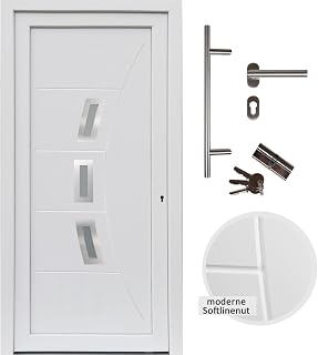 Kunststoff Haustür Eingangstür Nebeneingangstür Designline 98 x 208 cm weiß DIN links mit Stoßgriff-Set