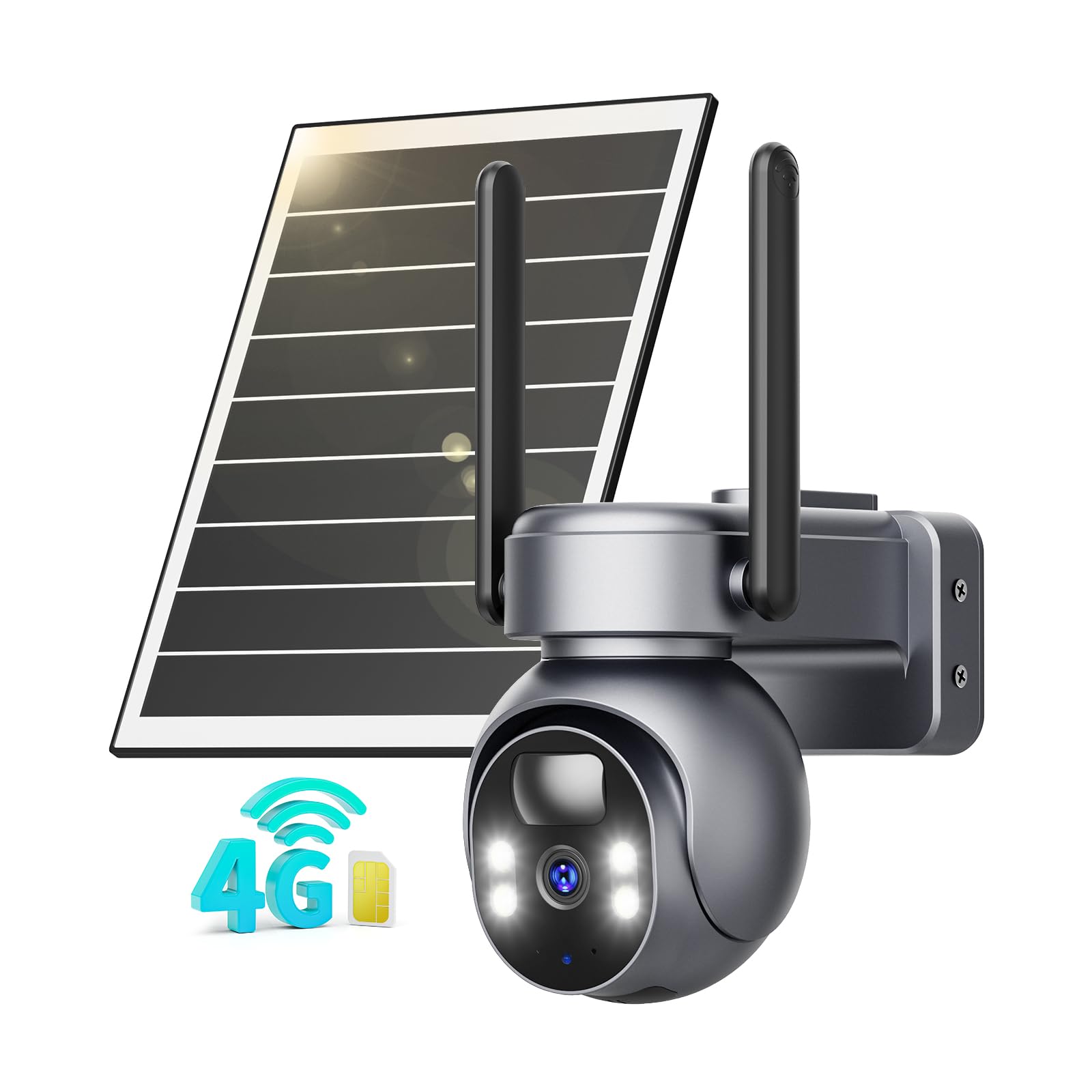 4G LTE Celular Cámara Vigilancia Exterior con Panel Solar y Tarjeta SIM, 2K HD Cámara Visión 360° con Batería PTZ, Visión Nocturna Colorida y Detección PIR Humana, Impermeable IP66