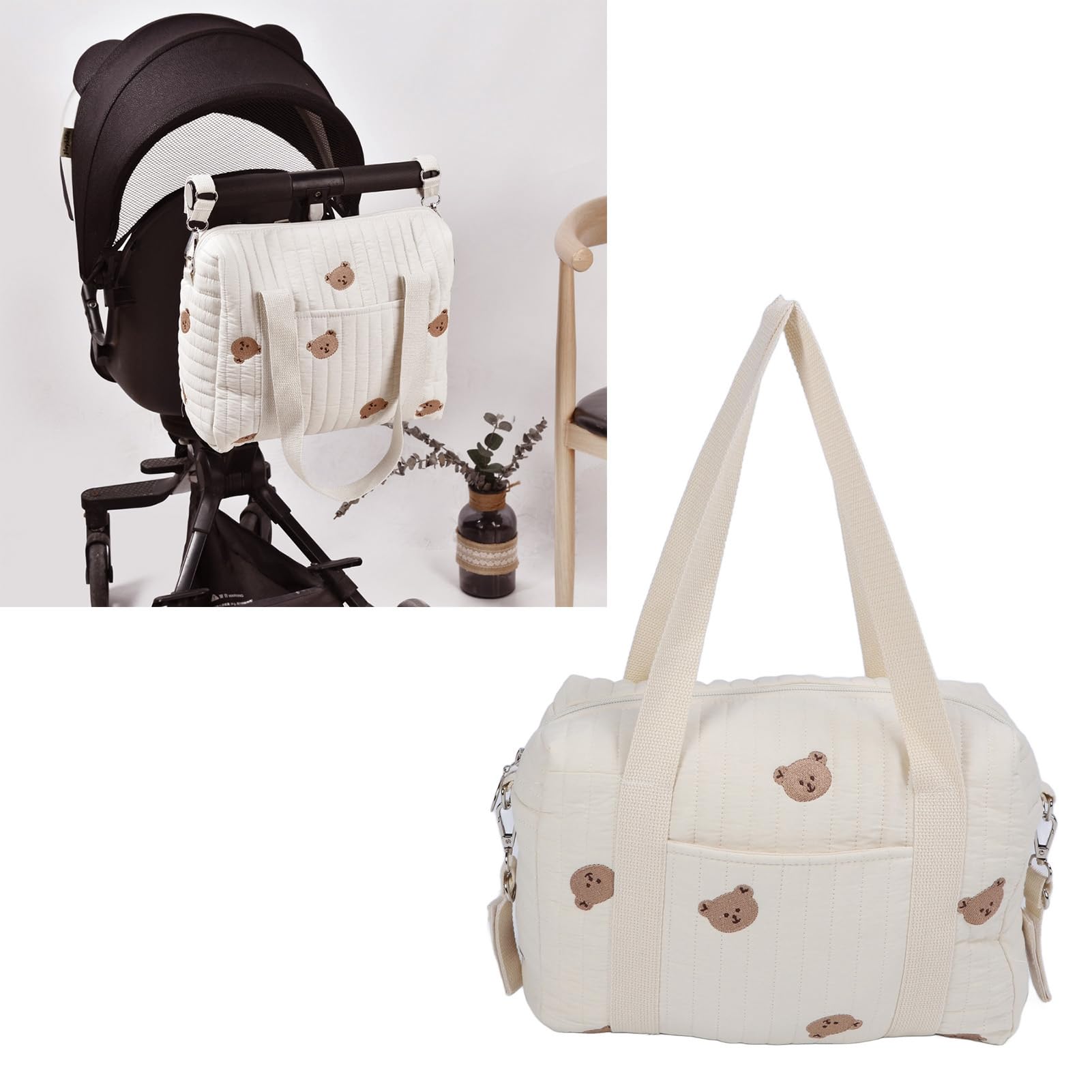 Borsa portaoggetti per passeggino universale con cerniera ricamata – Organizer per carrozzina, sacca accessori neonato, borsa multifunzione per passeggino, Bear Bag