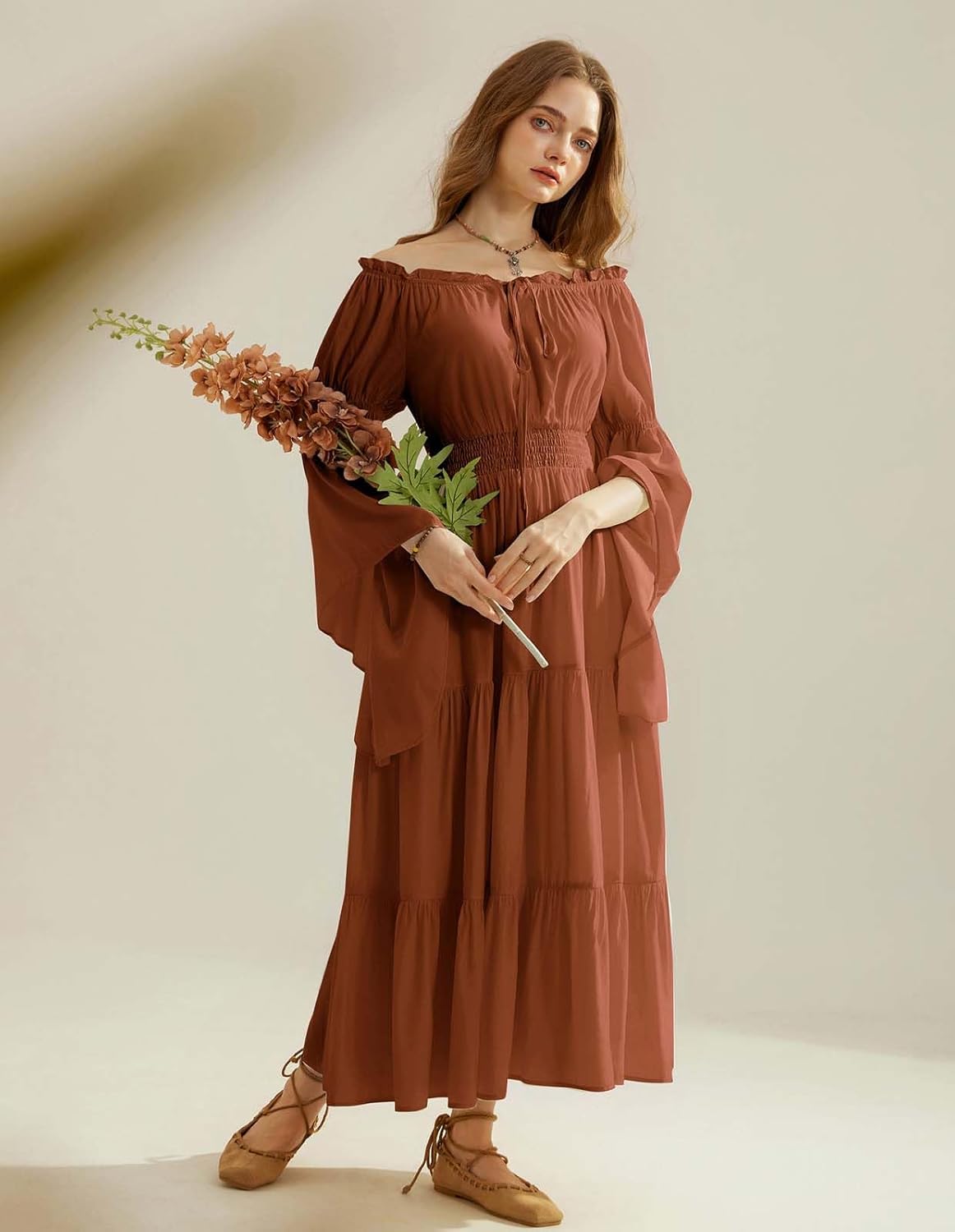 Scarlet Darkness Renaissance Costume Women Off Shoulder Bell Sleeve Tiered Maxi Dress - Image 6