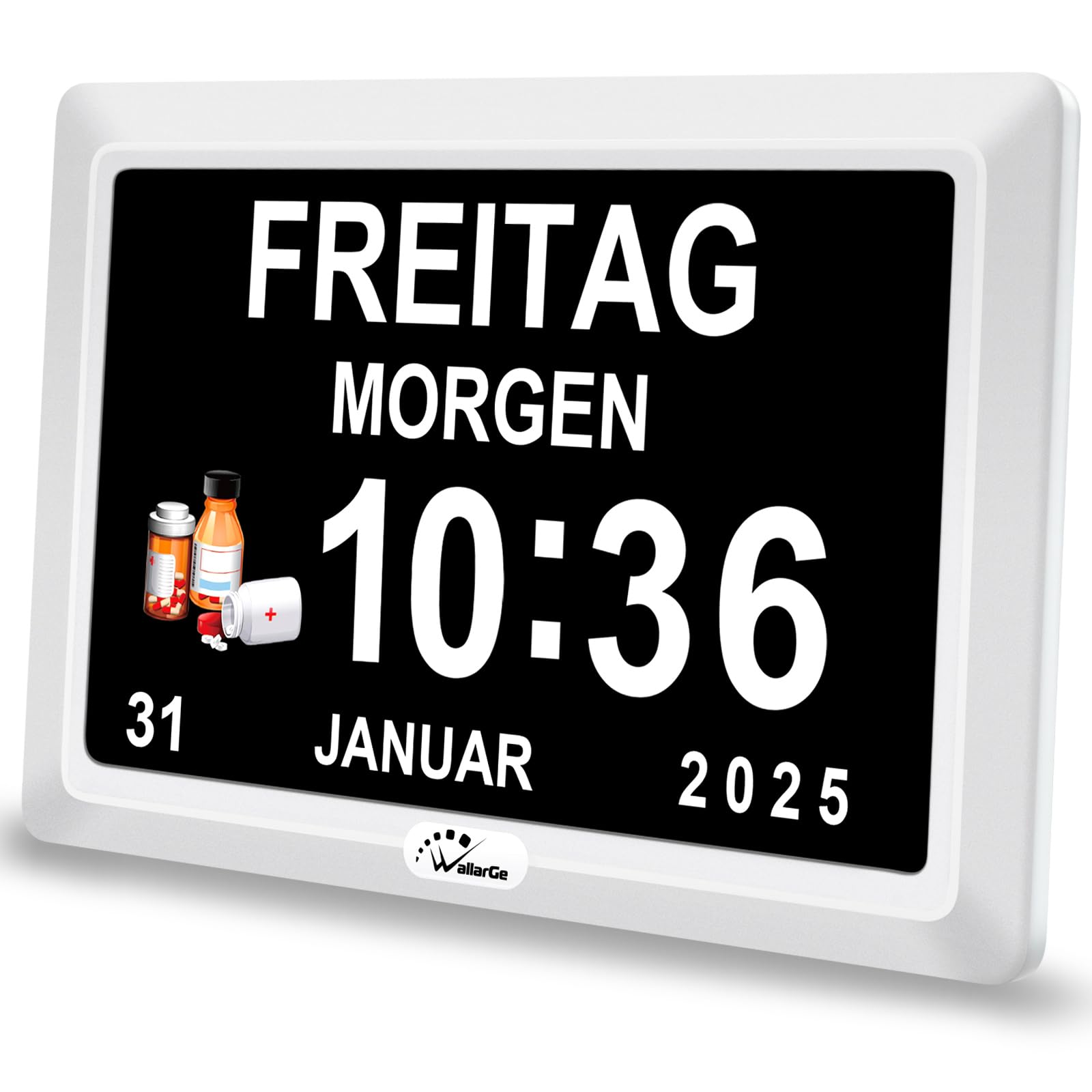 WallarGe Digitaler Demenz Uhr Großes Display für Senioren, Plug in elektrische Datum Tag der Woche Kalender Uhr 20 Erinnerungen 3 Klingeltöne 10 Stufen Lautstärke, Auto DST (7 Zoll,Weiß)