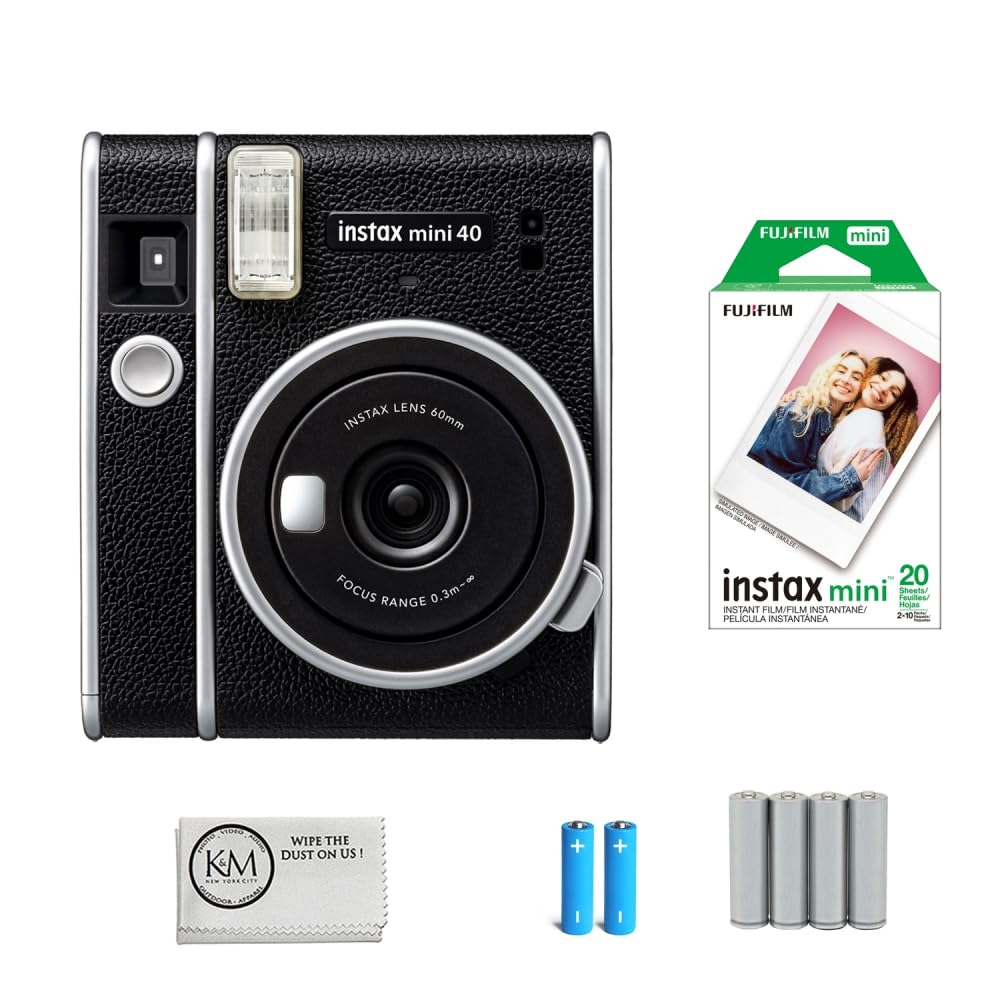 FUJIFILM INSTAX Mini 40 Instant Film Camera Bundle with Fujifilm Instax Twin Pack Film | 20 Exposures + AA Batteries | 4 Pack + Cleaning Cloth (4 Items)