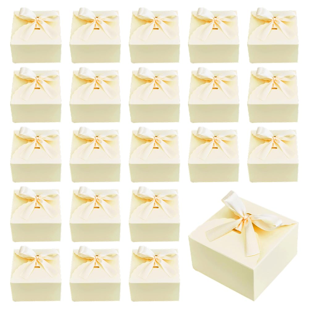 PH PandaHall 30pcs Gift Boxes Foldable Paper Box Wedding Candy Box Party Favor Boxes Small Gift Packaging Boxes with Ribbon for Graduation Treat Proposal Gifts, Lemon Color 9x9x5cm