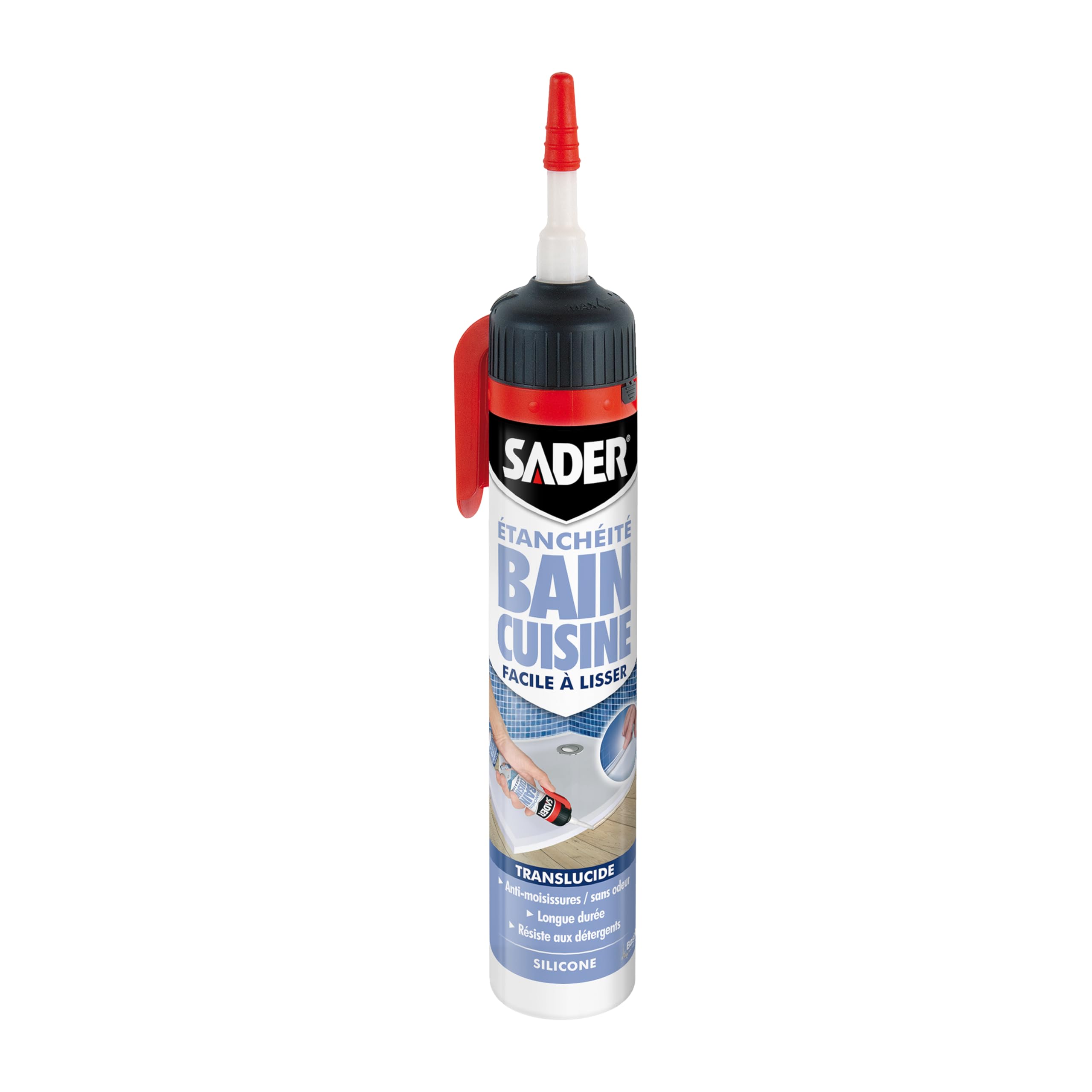 Sader Mastic d'Etanchéité Bain et Cuisine – Facile à Lisser – Jointe Tous Matériaux – Traité Anti-​Moisissures – Gâchette Prête A l'Emploi – Transparent – 200 ml