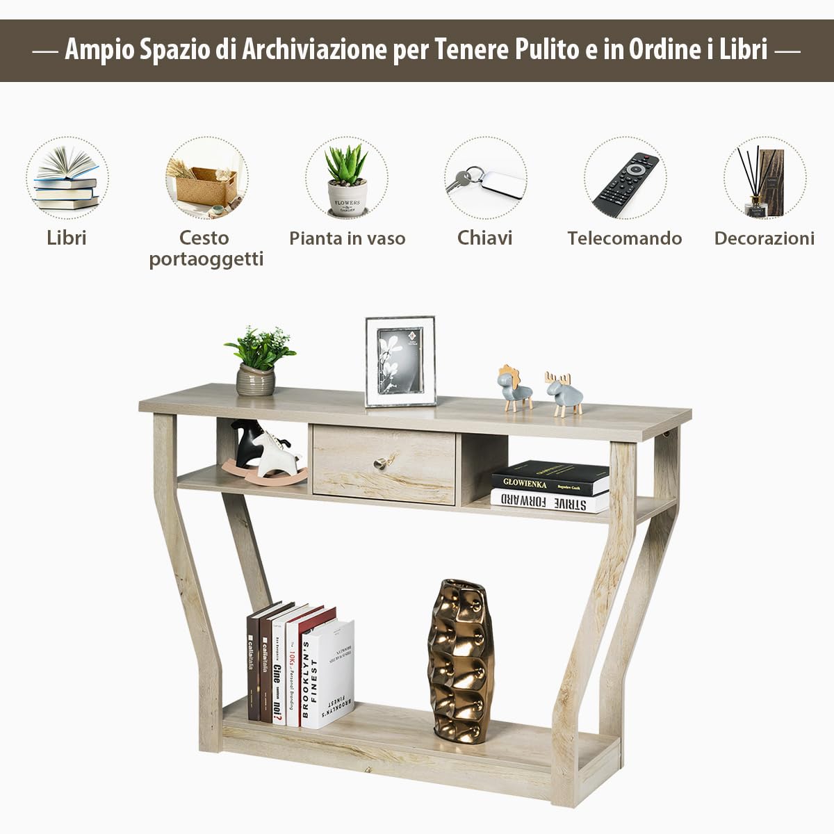 COSTWAY Tavolo Consolle in Legno, Consolle con Cassetto e Ripiani, Tavolo d'Ingresso Multiuso per Salotto, Corridoio e Entrata 120 x 30 x 81 cm (Grigio)