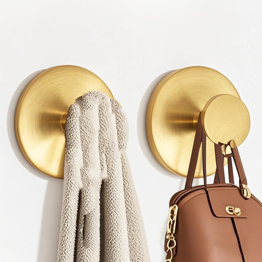 Suction Cup Hooks for Bathroom, Shower Towel Holders, No Damage Wall Mounting,Suction Cup Hooks for Shower, Stainless Steel Hook for Glass Door, Wall, Mirror, 2Packs (Gold)