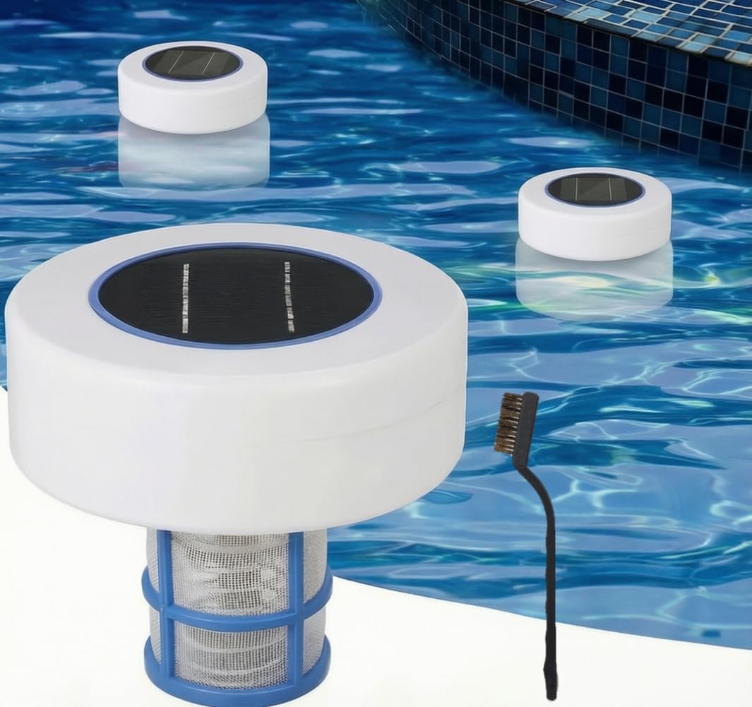 Ioniseur Solaire pour Piscine, Ioniseur Solaire Flottant Automatique pour Piscine avec Pinceau, pour Piscines Hors Sol et Creusées