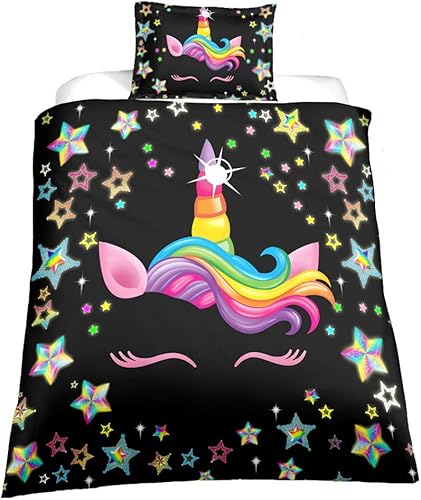 Suncloris, juego de funda de edredón 3D, diseño de unicornio de cara negra, incluye funda de edredón, funda de almohada (sin edredón en el interior)