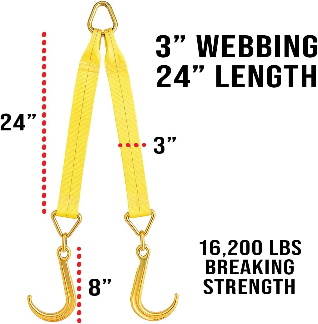 Boxer Tow Straps V Bridle 3” x 24” with 8 Inch Hooks, Recovery V Strap, Rollback, Car Hauler, Towing – B/S 16,200lbs