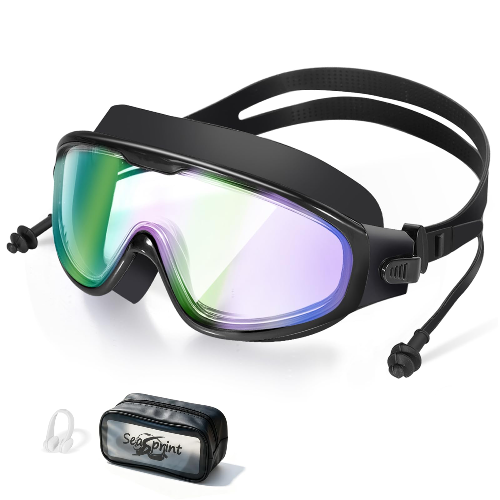 Schwimmbrille für Erwachsene, auslaufsicher, Anti-Beschlag-Schwimmbrille, Weitsicht, Schwimmbrille mit Ohrstöpseln und Nasenklammer