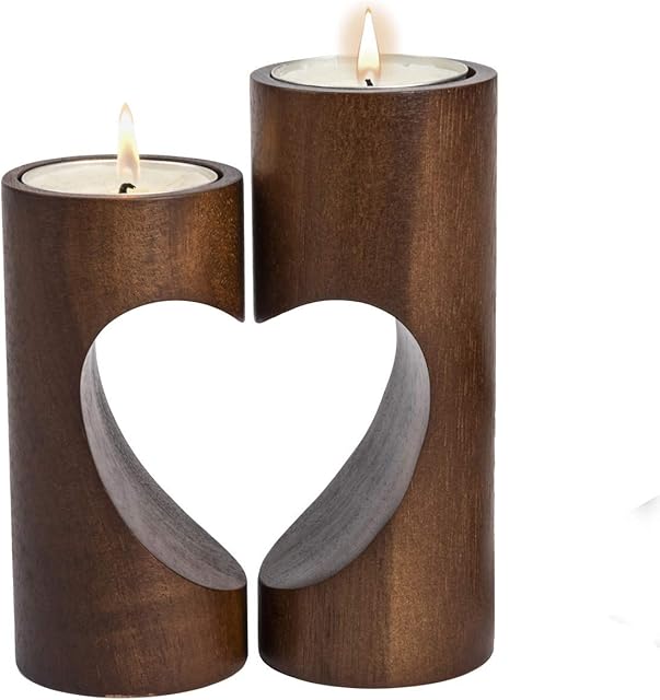 ChasBete Tea Light Candle Holders, Wood Tealight Holders, Cute Unity Heart Tea Light Holders for Home Decor - Dark