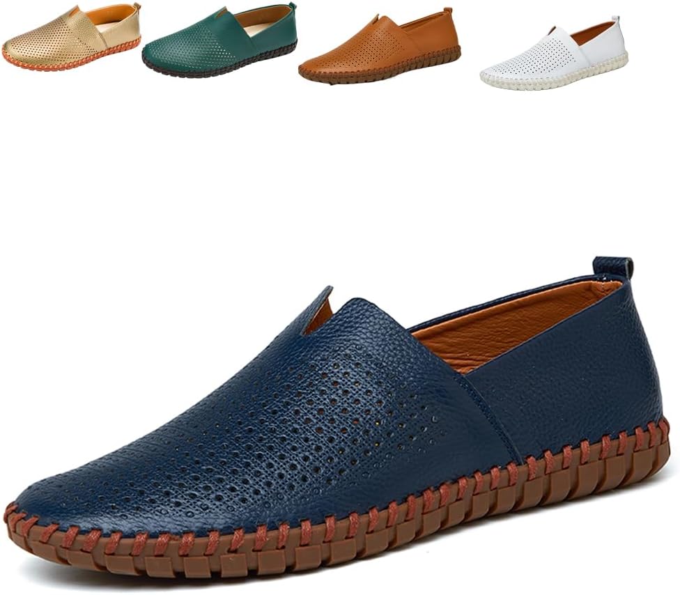 Mens Genuine Leather Loafer Shoes Slip On Soft Walking Driving Shoes Breathable Perforated Casual Boat Shoes