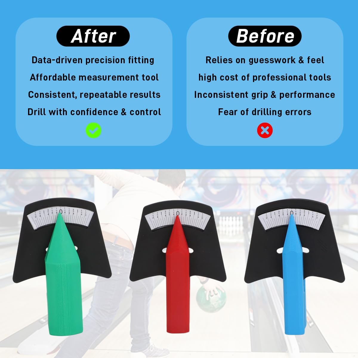 Bowling Ball Pitch Gauge Set, 3-Piece (Blue/Red/Gray) for Measuring Finger Holes (31/32"), Thumb Holes & Switch Grip Hole - 3D Printed