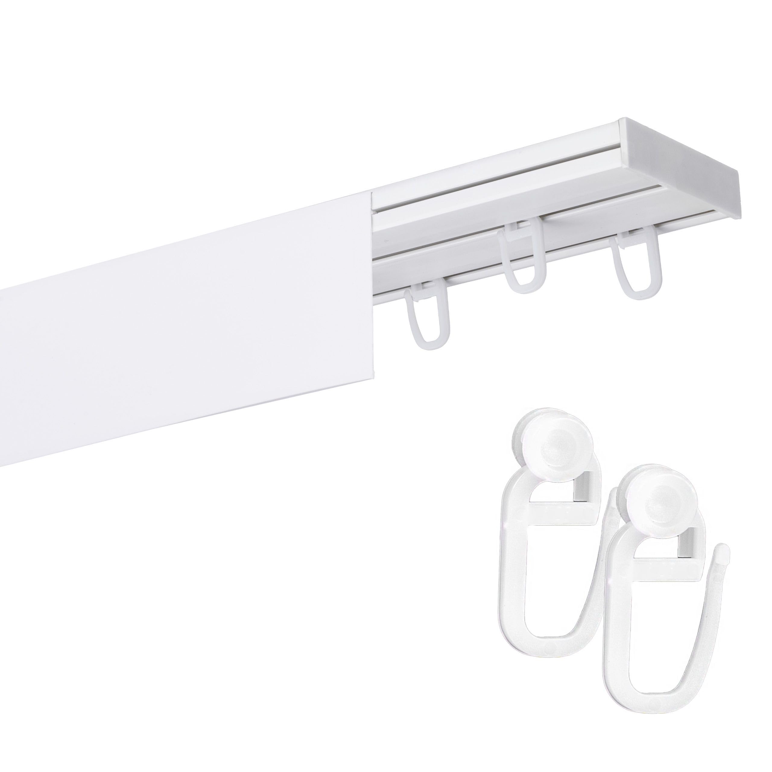 Fenster DEKOR Gardinenschiene mit Blende 2-läufig – PVC Vorhangschiene zur Deckenmontage, Deckenschiene für Vorhänge, Weiß, mit Haken mit Rolle, 240 cm