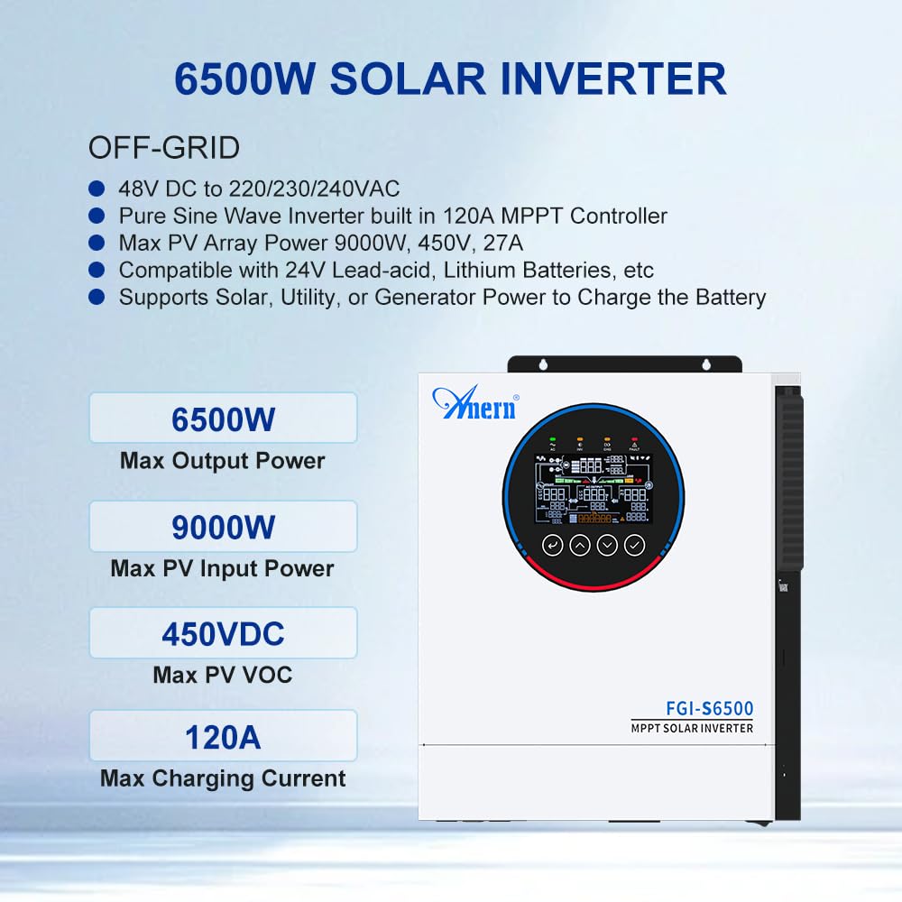 Anern 6500W Hybrid Wechselrichter Solar 48Vdc zu AC 230V PV 500VDC Off Grid Reine Sinus Welle Solar Wechselrichte Überlastkapazität 9000W. 120A MPPT Für Bleisäure- und Lithium-Batterien mit WiFi-Modul