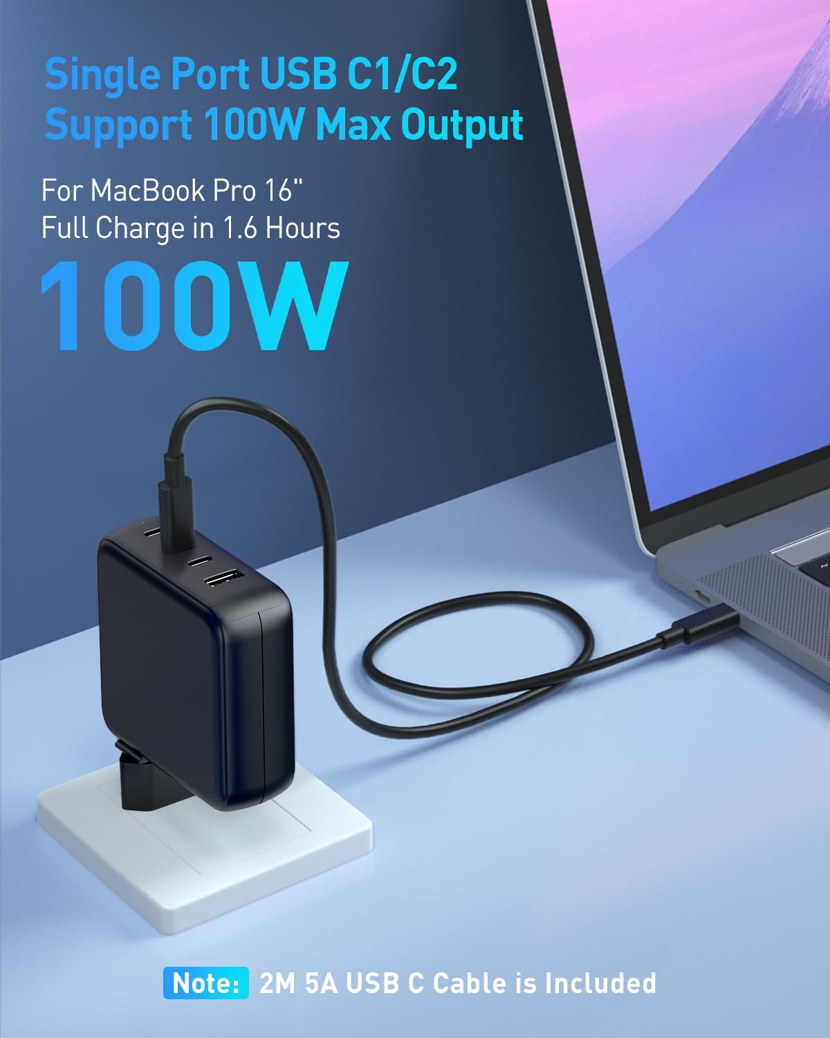 100W USB C Ladegerät, 4-Port Schnellladegerät Kompatibel mit MacBook Air MacBook Pro, iPad Pro/Air/Mini, iPhone 16/15, Galaxy S24/S23 und mehr, 100W USB C Netzteil mit 5A Ladekabel