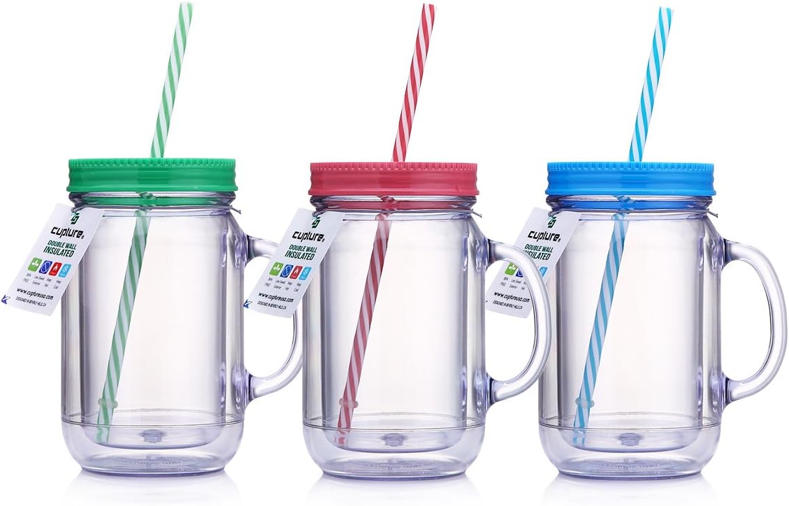 Cupture Double Wall Insulated Plastic Mason Jar Tumbler Mug with Striped Straws - 20 oz, 3 Pack