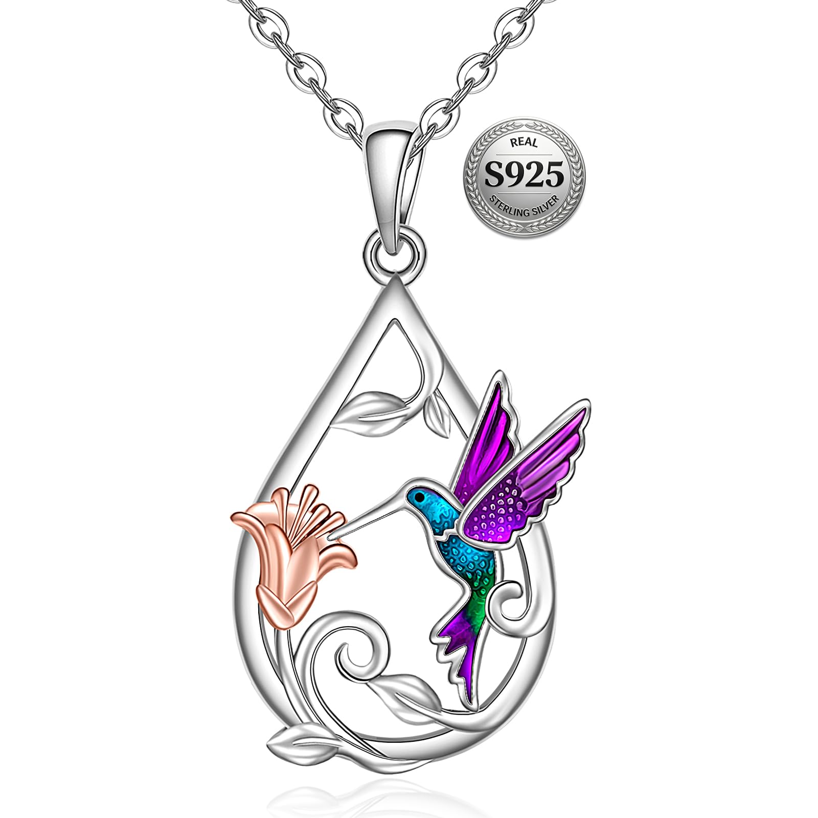 Fenthring Hummingbird Necklace for Women S925 Sterling Silver Flower Purple Blue Hummingbirds Heart Pendant Jewelry Memorial Mothers Day Christmas