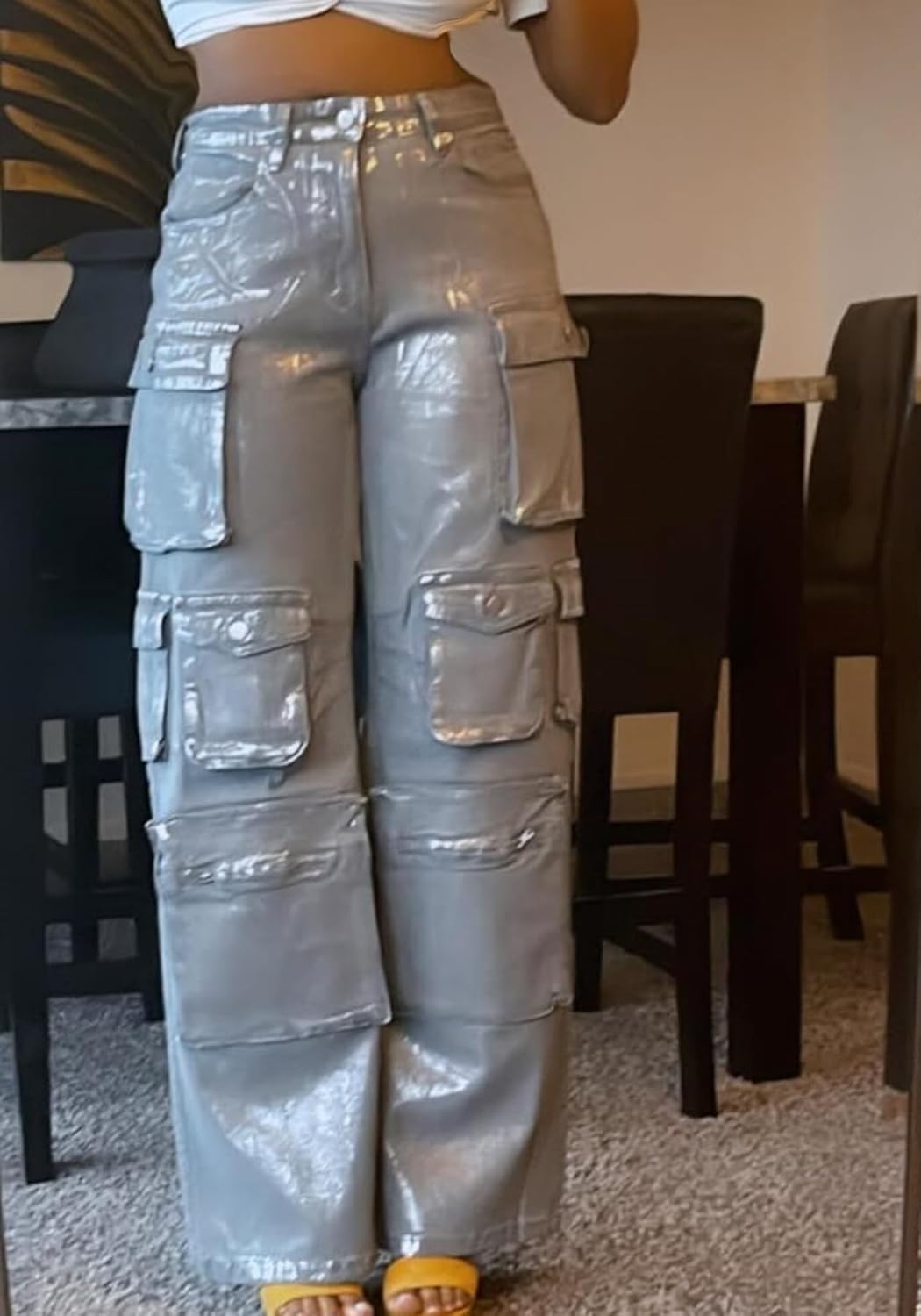 Unybwonn Women High Waisted Metallic Cargo Jeans Y2k Satin Sparkly Straight Wide Leg Denim Pants with Flap Pockets - Image 4