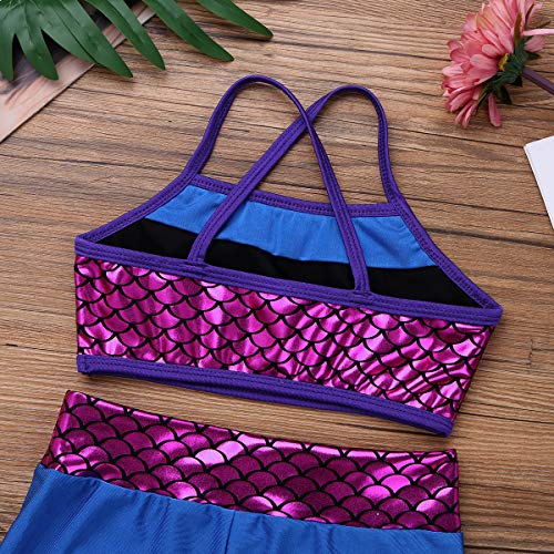 Image of easyforever Kids Girls 2PCS Shiny Mermaid Scales Ballet Dance Outfit Crop Top with Short Tankini Swimsuit