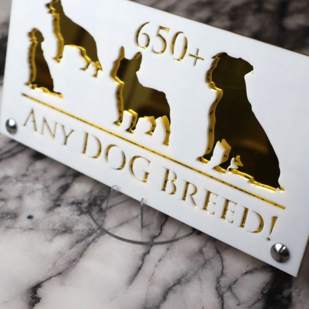 K Smart Sign | 280mm x 140mm | Personalised Dog Luxe property house Dogs wall number address Any-Dog personalised plaque numbers signs fully personalised choose your own (White & Gold Mirror)