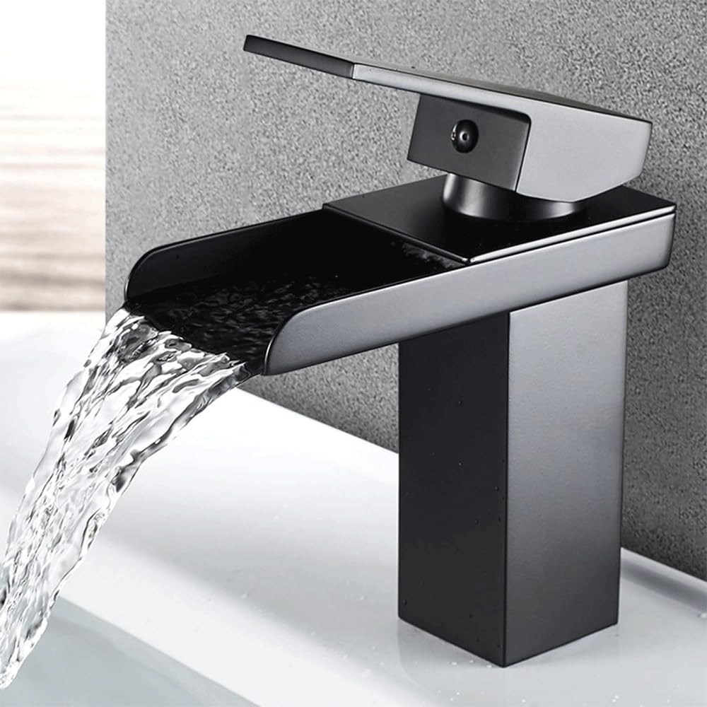 Robinet de salle de bain cascade noir en acier inoxydable à poignée unique