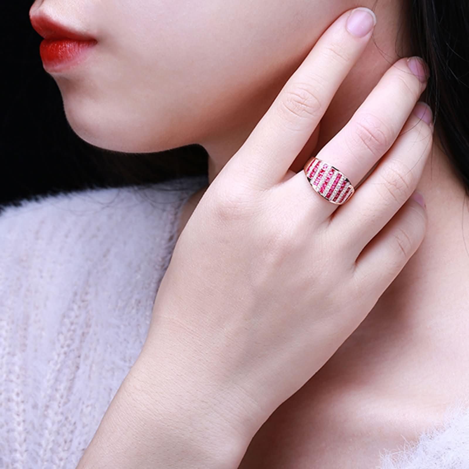 Daesar Anillo Boda para Mujer con Cuadrado con Rubí Creado de 0.97ct y Moissanita, Oro Rosa 9K/14K/18K, Anillos de Alianza Oro Rosa