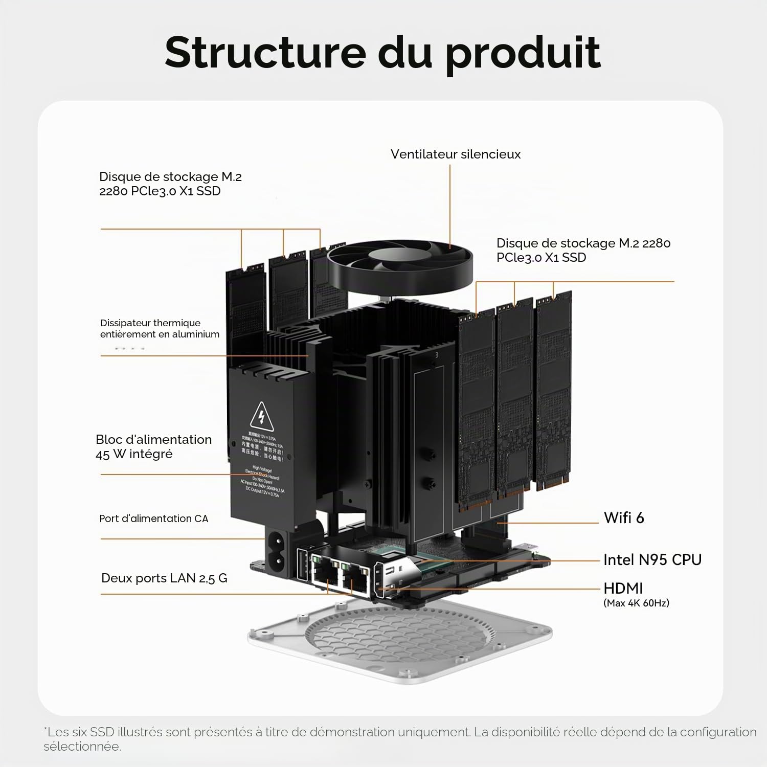 Beelink ME Mini, Mini PC NAS, Intel Alder Lake N95 (4C/4T, jusqu'à 3,4 GHz), 12 Go de mémoire LPDDR5, 64 Go de SSD PCIe, 6 emplacements M.2 PCIe 3.0, WiFi 6, Bluetooth 5.2, Double réseau LAN 2,5 GHz