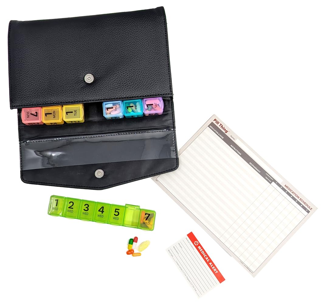 Weekly Pill Organizer Case 7 Compartments Pebble Grain Faux Leather Magnetic Snap Medication Schedule Card 7X a Day