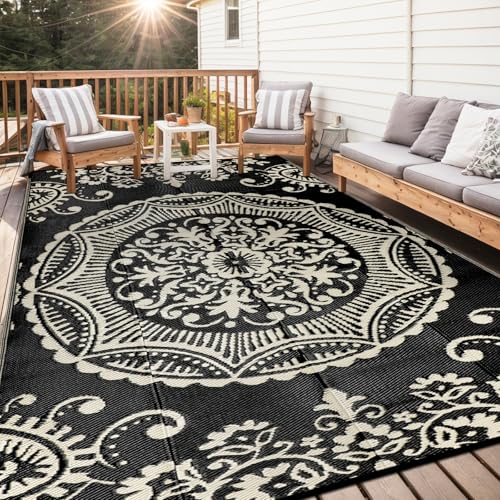 Capslpad Outdoor Rug 8x10 Patio Waterproof Boho Floral Plastic Straw Rug Large Foldable Vintage Outside Carpet with Carry Bag for RV Backyard Balcony Bench Picnic Porch,Black and Brown