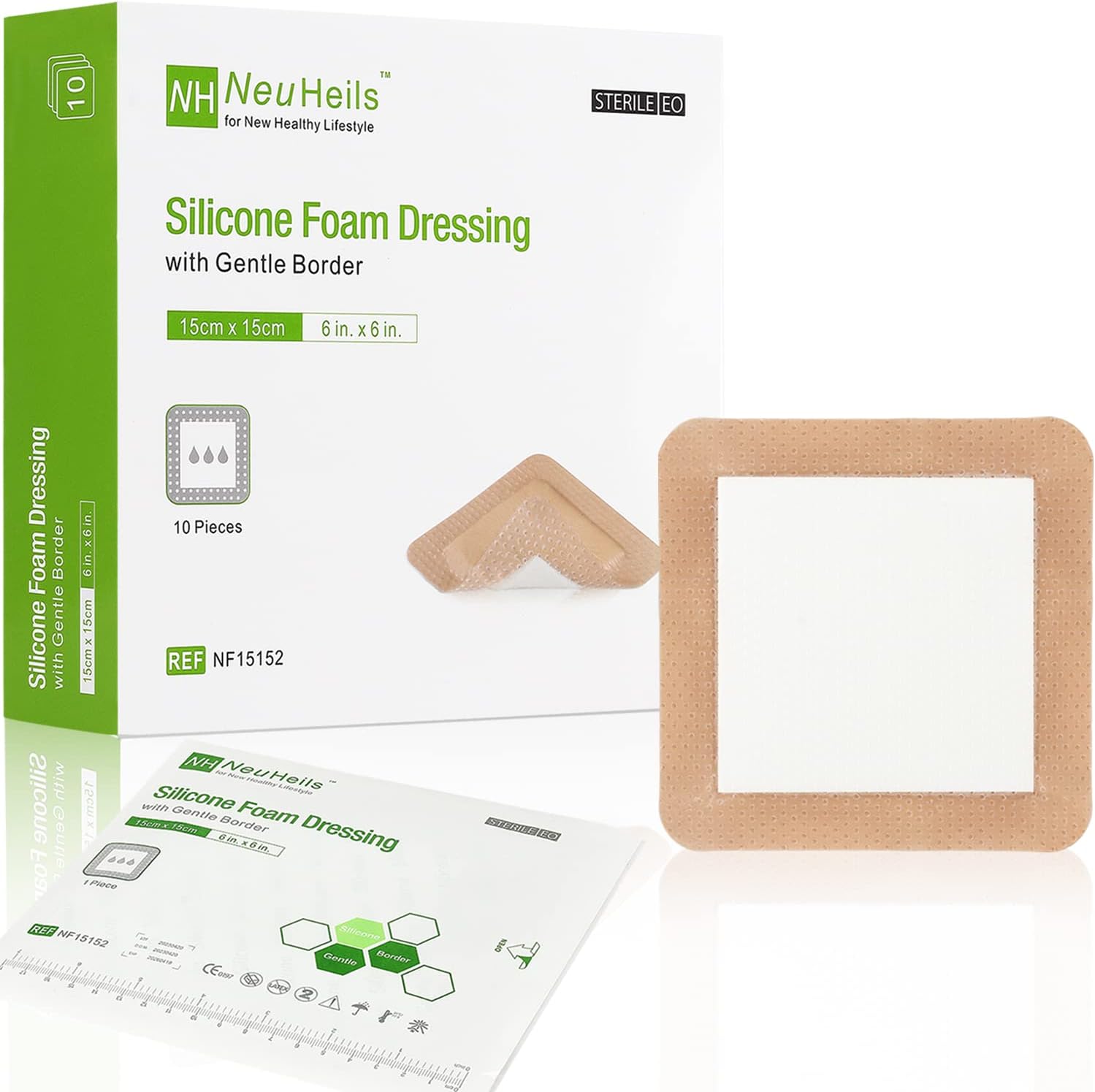 - Silicone Adhesive Foam Dressing with Gentle Border 6''x6'', 10 Packs for Bed Sore Leg Ulcer, High Absorbency Waterproof Silicone Wound Bandages by NeuHeils