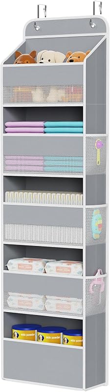 Fabric Over Door Hanging Organizer for Baby Nursery, Grey, 5-Shelf | Door Storage with Large Capacity Breathable Mesh Pockets, Over Door Organizer for Baby Essential, Bedroom and Dorm