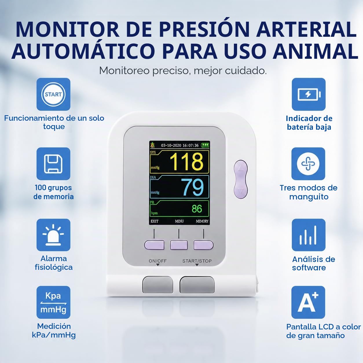 Monitor veterinario de presión arterial | Máquina automática de BP para animales con pantalla LCD | 3 puños para perros, gatos, mascotas (rango de 6 a 26 cm)