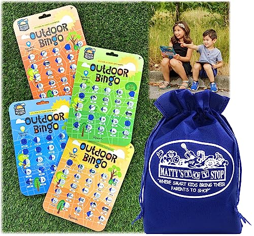 Matty's Toy Stop Toysmith Reusable Outdoor Bingo Cards (Yellow, Blue, Green & Orange) with Bonus Storage Bag - 4 Pack