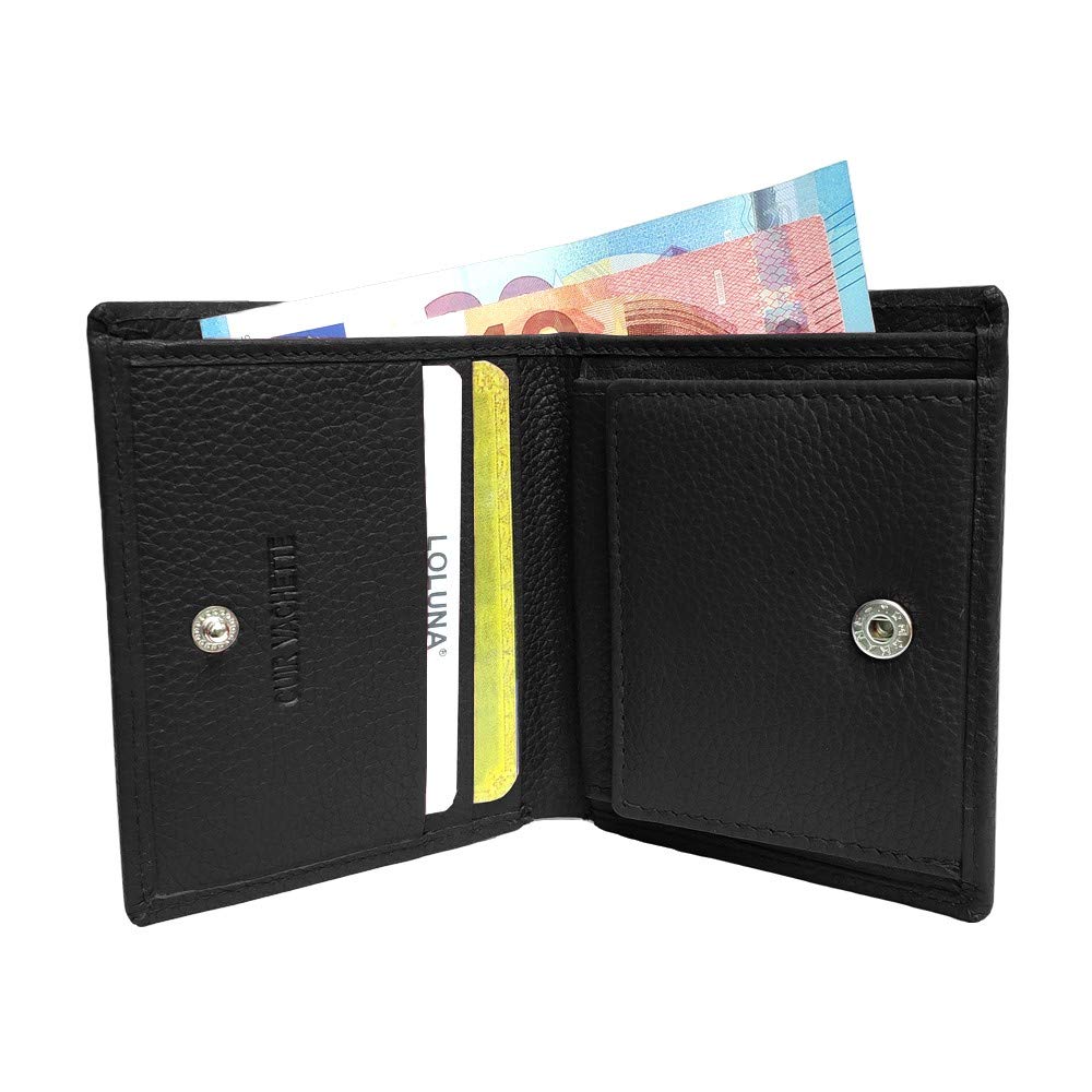 LOLUNA® Porte Monnaie Cuir véritable Compact et spacieux pour pièces, Billets et 2 Cartes bancaire, Homme et Femme Existe en Plusieurs Couleur (Noir)