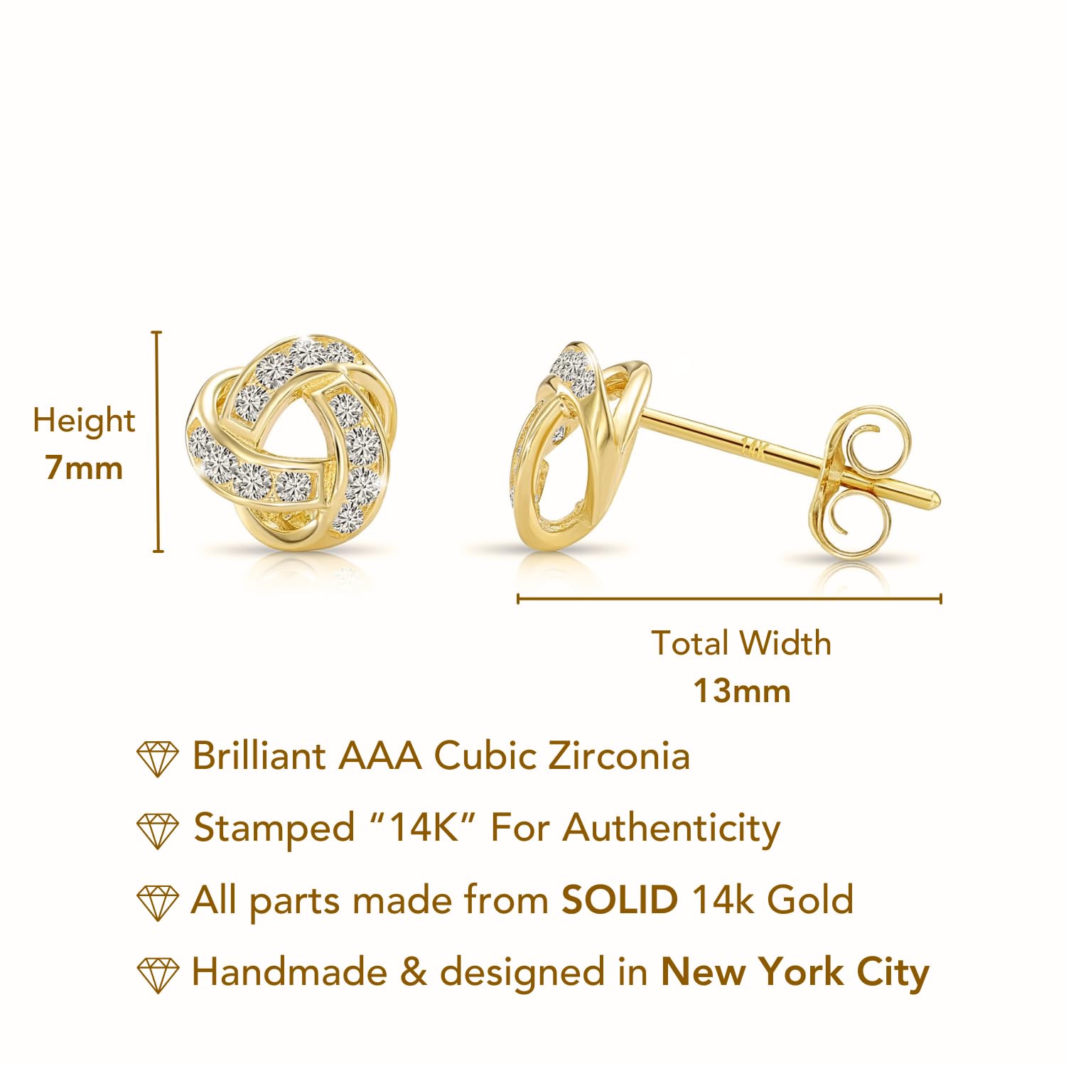 Tilo Jewelry 14k Gold Polished Love Knot Stud Earrings - 7mm- Push Back: Yellow Gold - Push-back