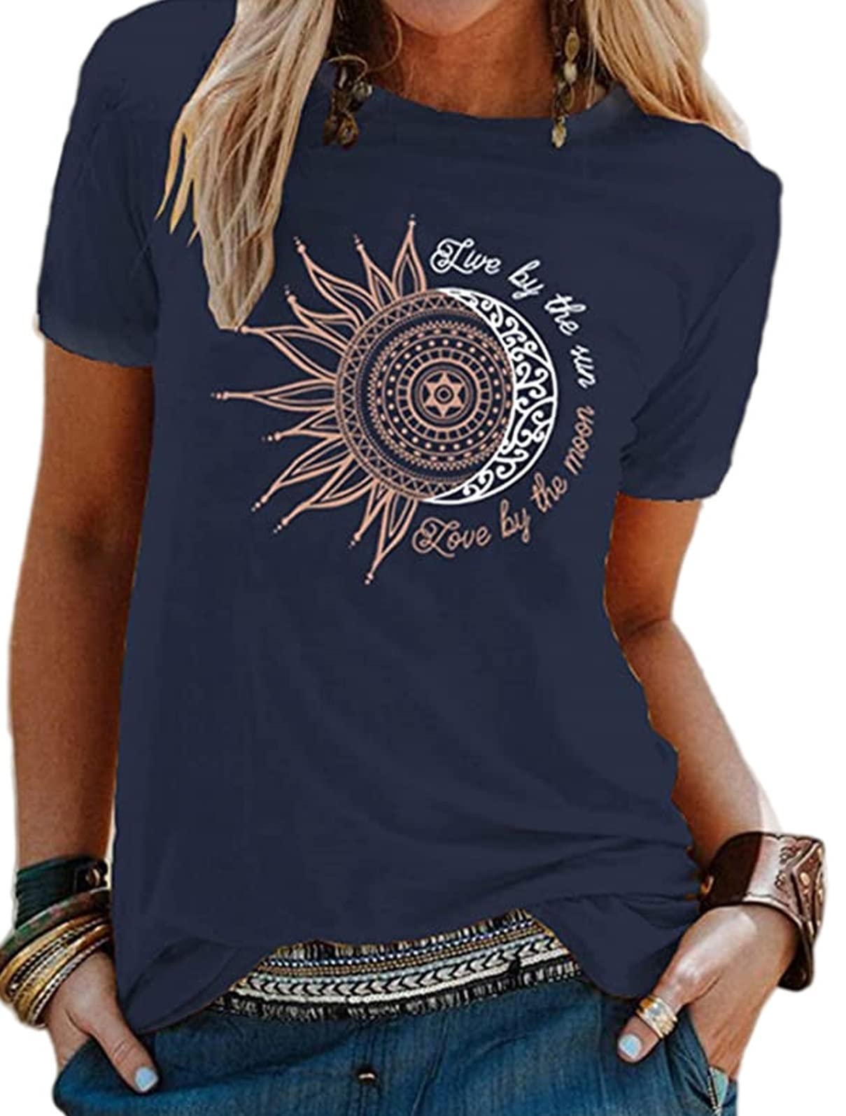 Baynetin Camisetas Mujer Manga Corta,Verano Elegante Camisas Casual Suelta Algodon Camisa Cuello en O Redondo T Shirts con Estampado