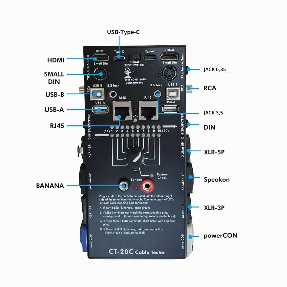 CT-20C Tester per Cavi Audio Multifunzione 16 In 1 Tester per Cavi Elettronico Speciale per di Segnale XLR Compatibile con