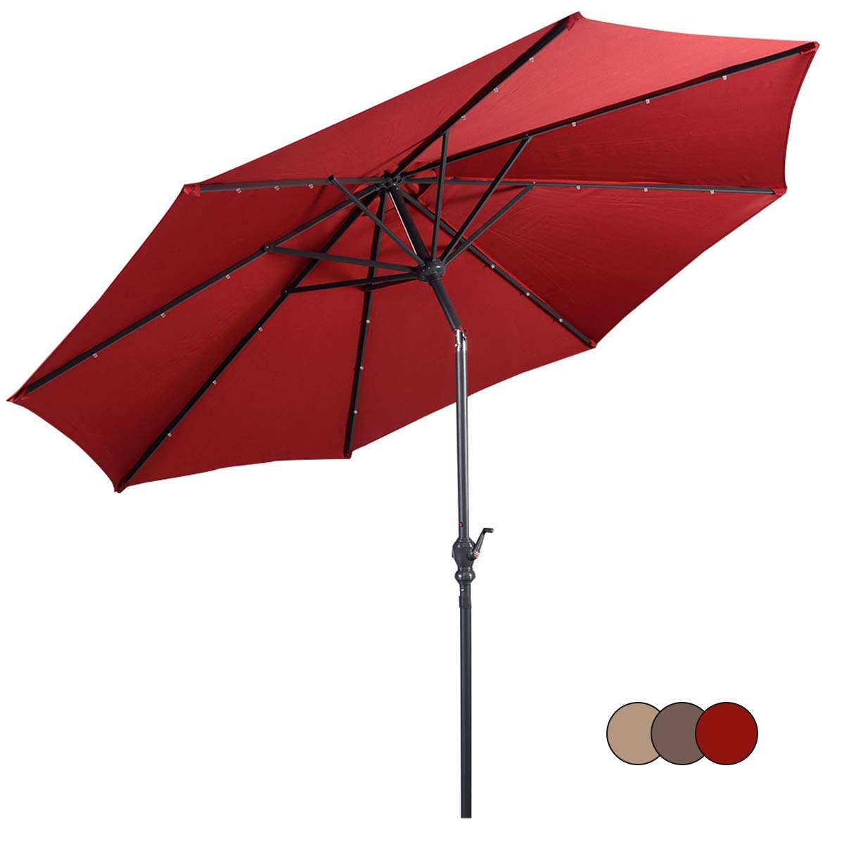 GOPLUS Sombrilla Terraza Exterior Ø 2,7/3m con LED Solar, Parasol Inclinable con Manivela y 6/8 Varillas, Protección Solar y Impermeable, Sombrilla para Jardín Patio Piscina Playa Mercado