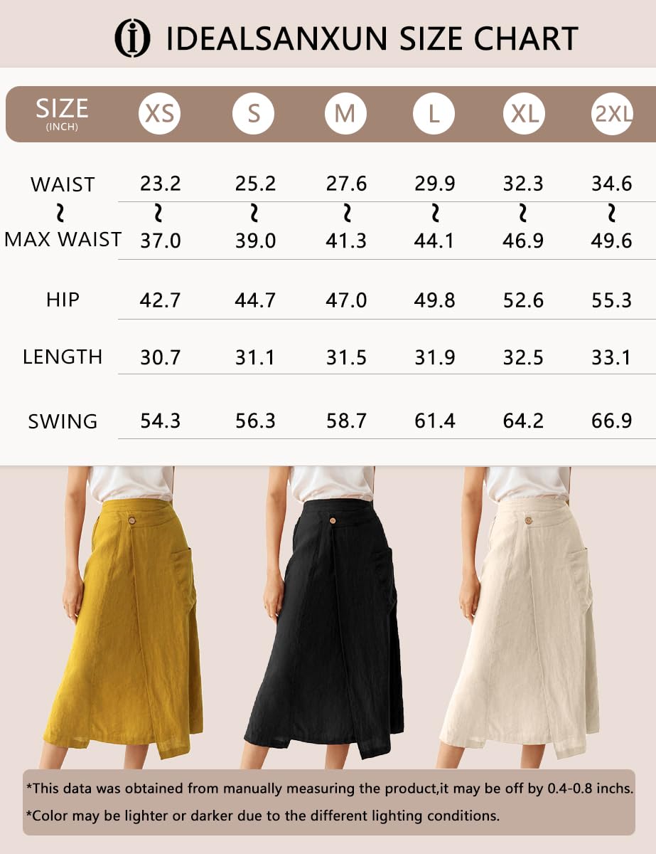 IDEALSANXUN Gonne in lino da donna, estive, casual, in cotone, linea A, elasticizzate, a vita alta, con tasche