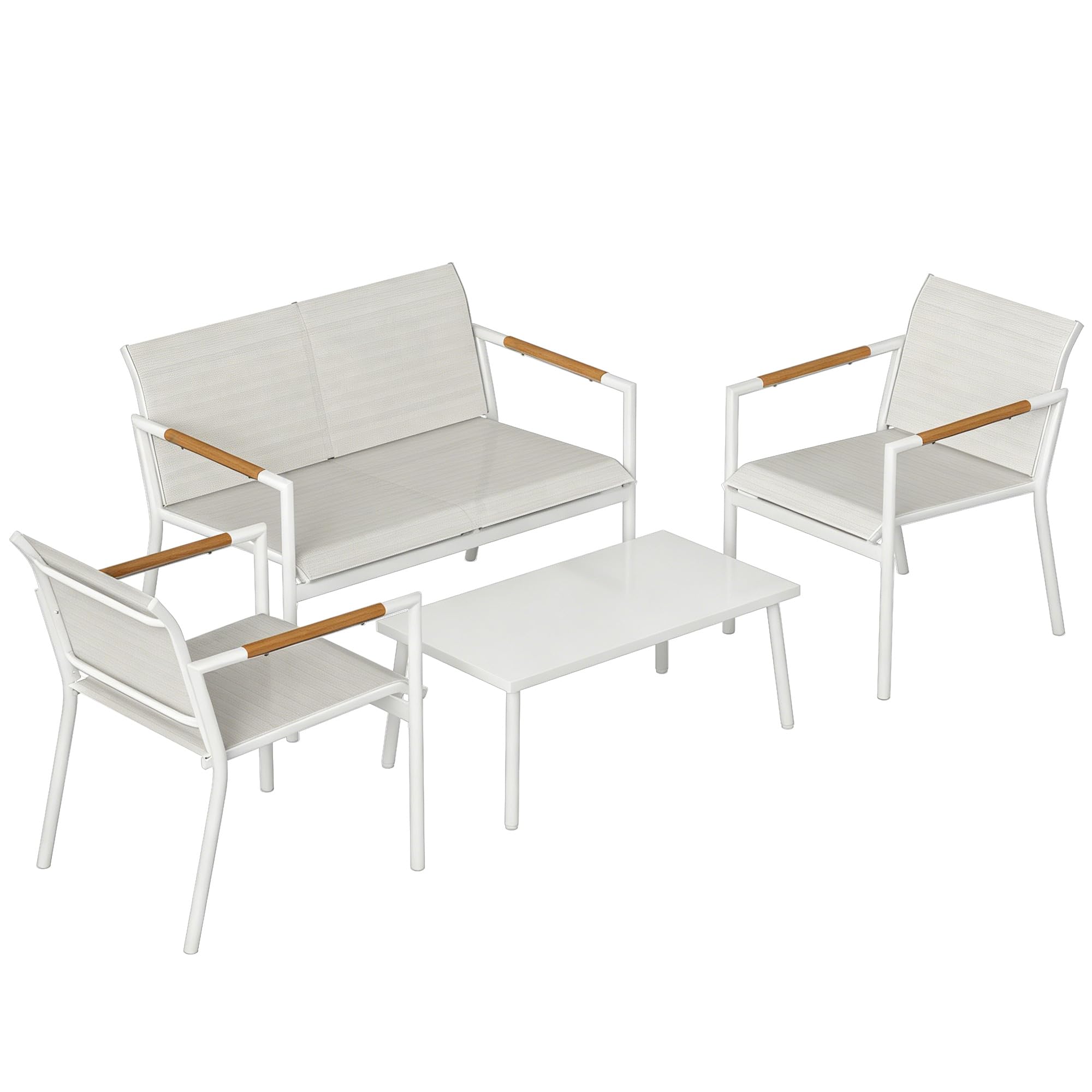 Outsunny Salon de Jardin 4 Pièces en Textilène, Canapé 2 Places, 2 Fauteuils, Table Basse avec Plateau en Métal, Ensemble de Mobilier de Jardin pour Balcon Terrasse, Crème