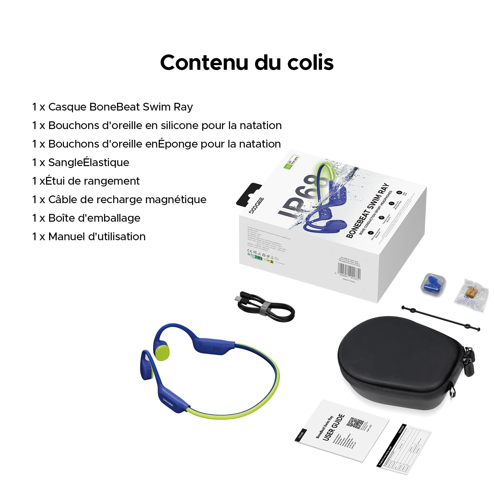 Casque à Conduction Osseuse, Écouteur Natation IP68 Casque Bluetooth sans Fil, 32 Go de Stockage, 10 Heures d'autonomie, BT6.0 Mode MP3, Idéal pour Le Vélo, la Natation et Le Fitness